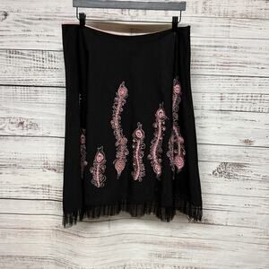 Anthropologie Basil & Maude Embroidered Flare Skirt Black Pink Size 14